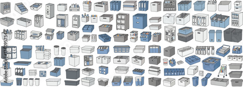 Various types of containers and storage solutions in modern design, featuring diverse shapes and sizes.