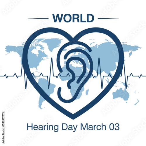 World Hearing Day March 03 with heart ear and world map vector