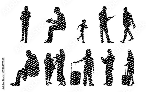Vector illustration, Outline silhouettes of people, Contour drawing, people silhouette, Icon Set Isolated , Silhouette of sitting people, Architectural set