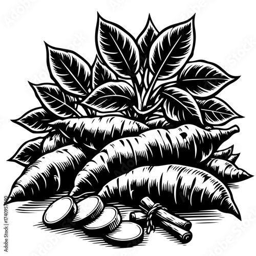 Illustration of a pile of yams with leaves and sliced yams with cinnamon sticks in black and white