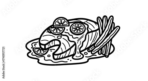 Delicious grilled salmon with lemon slices and asparagus.