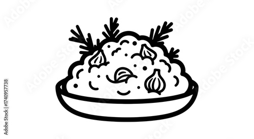 Delicious garlic dip with herbs and garlic cloves in a bowl.