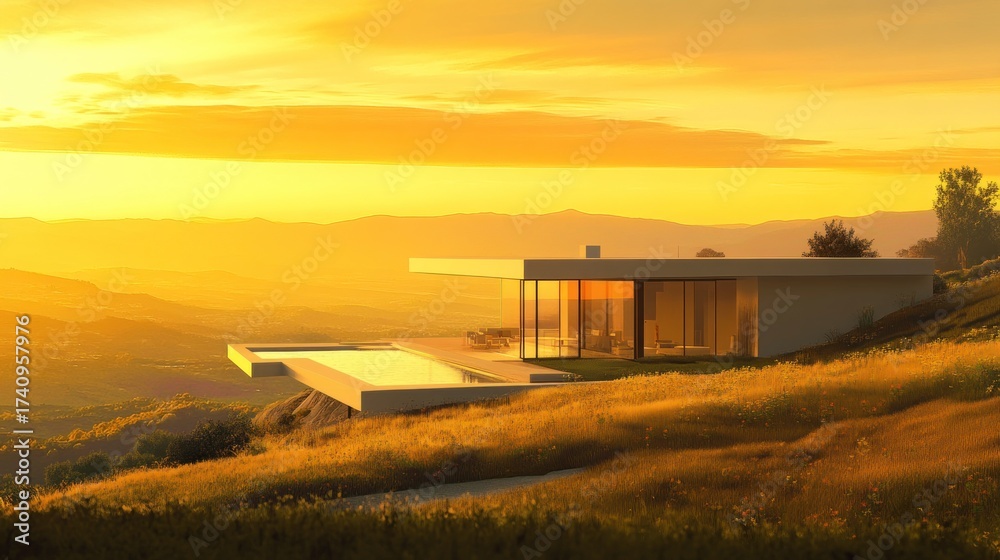 Obraz premium Modern house with pool on a hillside at golden sunset.
