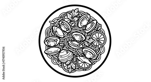 Delicious pasta dish with clams and lemon slices a culinary masterpiece.
