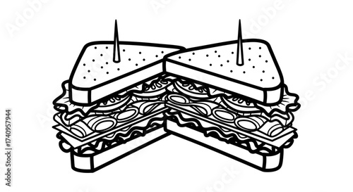 Delicious sandwich with multiple layers and toothpicks illustration.
