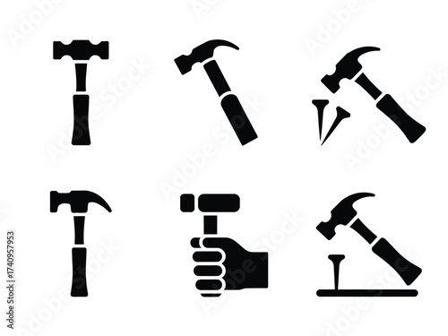 Set of six minimalist black and white hammer illustrations scalable vector icons for eps and general use silhouette vector illustration white background