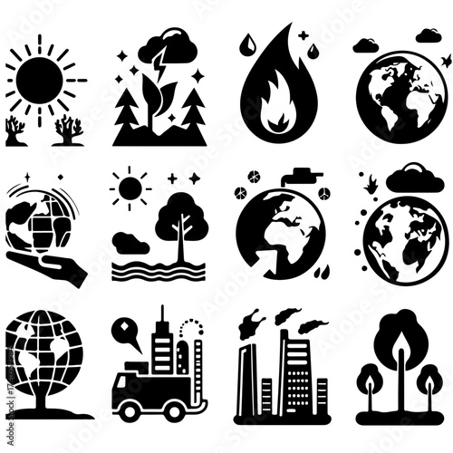 Collection of climate change and environmental impact icons in black and white depicting various issues