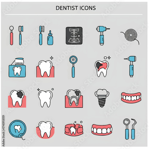 Dental Care Icon Set Diverse Icons for Dentist, Tooth Health, Hygiene, and Treatment