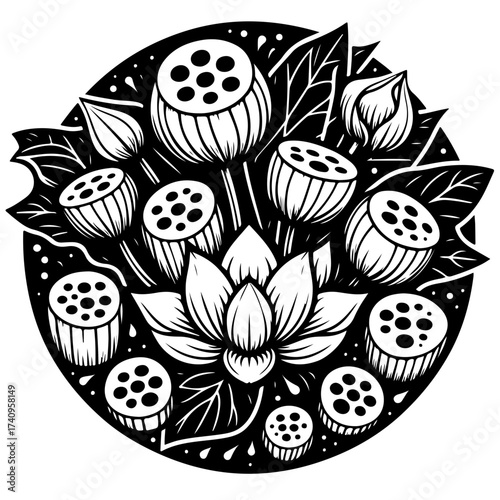 A circular arrangement of lotus flowers and seed pods in a black and white color scheme design