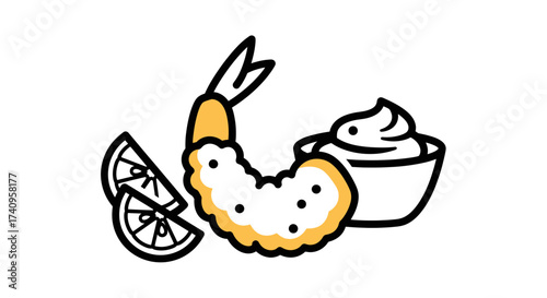 Delicious Tempura Shrimp with Lemon Slices and Dipping Sauce.