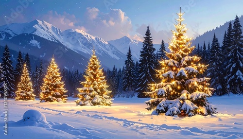 Winter wonderland scene with christmas trees, snow, mountains, and stars at night