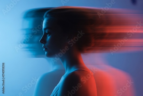 Dynamic portrait captures a woman's profile in motion with vibrant blue and red light streaks creating a sense of speed and energy