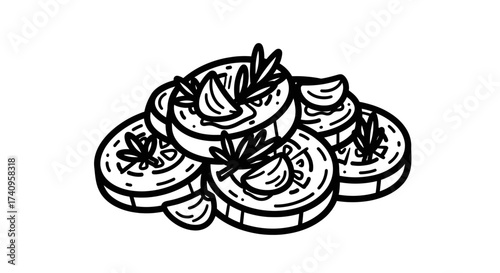 Garlic and herbs on top of sliced food a delicious appetizer.