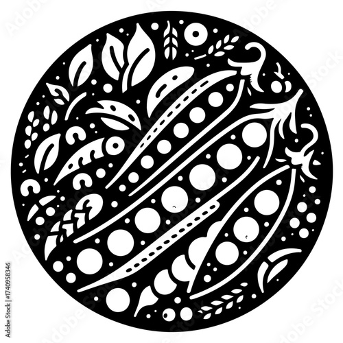 Circular design featuring stylized pea pods leaves and dots in a black and white color scheme art