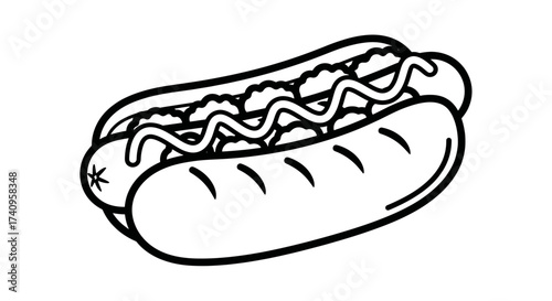 Hot dog with toppings in a bun black and white illustration.