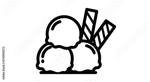 Ice cream scoops with wafer sticks dessert icon illustration.