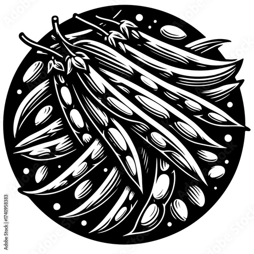 A monochrome illustration of several open snap pea pods arranged in a circular design on a dark background
