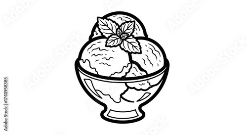 Ice cream sundae with mint leaves in a glass bowl delicious dessert.