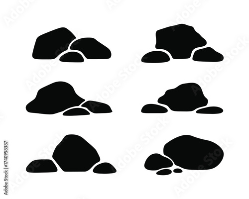 Set of six black silhouette illustrations of various rock formations scalable vector graphics eps icon silhouette vector illustration white background