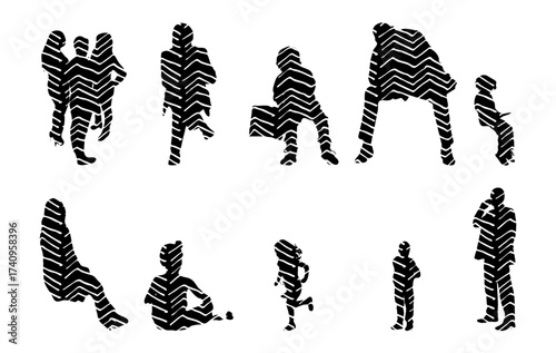 Vector illustration, Outline silhouettes of people, Contour drawing, people silhouette, Icon Set Isolated , Silhouette of sitting people, Architectural set