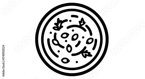 Pizza with herbs and olives delicious Italian food round shape black and white illustration.
