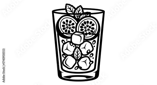 Refreshing beverage with ice citrus slices and mint leaves.