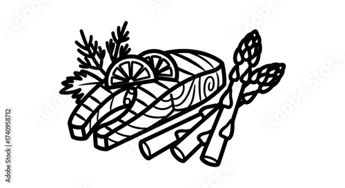 Salmon with lemon and asparagus healthy food illustration.