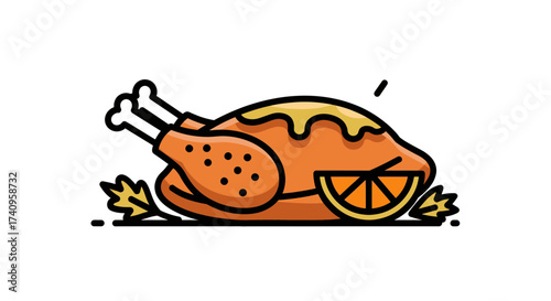 Roasted Thanksgiving Turkey with Orange Slice and Autumn Leaves.