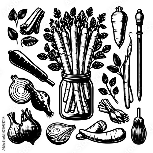 A monochrome illustration of various vegetables including carrots and onions in a jar with leaves