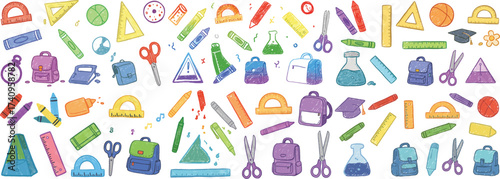 Colorful school supplies illustration featuring various tools and objects for learning and creativity.