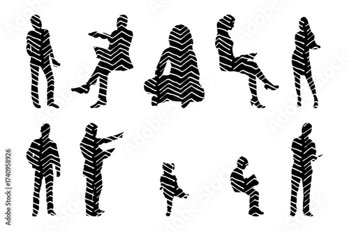 Vector illustration, Outline silhouettes of people, Contour drawing, people silhouette, Icon Set Isolated , Silhouette of sitting people, Architectural set