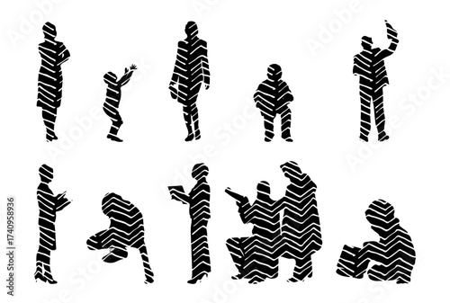 Vector illustration, Outline silhouettes of people, Contour drawing, people silhouette, Icon Set Isolated , Silhouette of sitting people, Architectural set