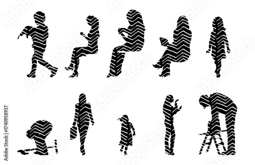 Vector illustration, Outline silhouettes of people, Contour drawing, people silhouette, Icon Set Isolated , Silhouette of sitting people, Architectural set
