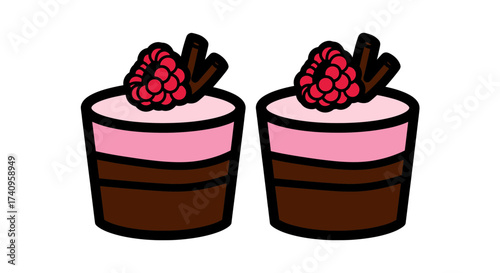 Two delicious raspberry chocolate mousse desserts with decorative chocolate sticks.