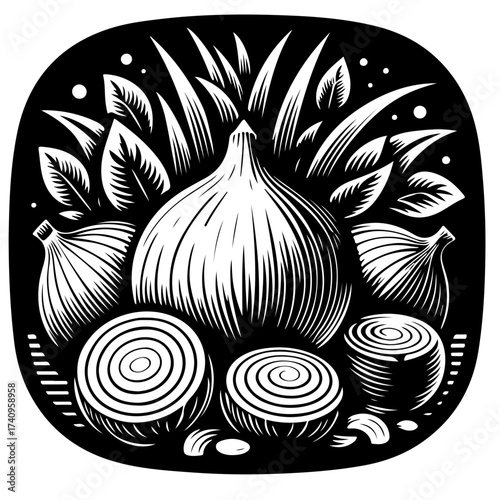 A still life of whole and sliced onions with leaves in a black and white woodcut style illustration
