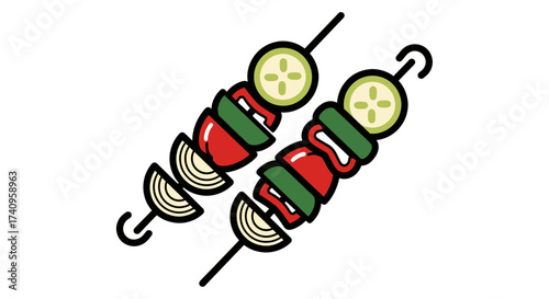 Two skewers of grilled vegetables with cucumber peppers and onions.