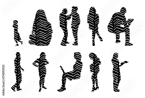 Vector illustration, Outline silhouettes of people, Contour drawing, people silhouette, Icon Set Isolated , Silhouette of sitting people, Architectural set