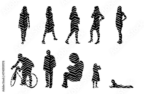 Vector illustration, Outline silhouettes of people, Contour drawing, people silhouette, Icon Set Isolated , Silhouette of sitting people, Architectural set