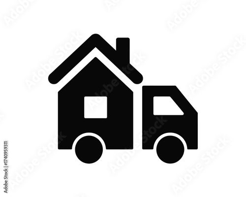 Simple black and white icon design of a house integrated with a truck for moving and relocation services silhouette vector illustration white background