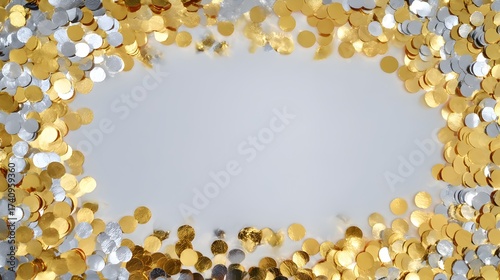 Shiny gold and silver confetti surrounds a blank space for festive celebrations