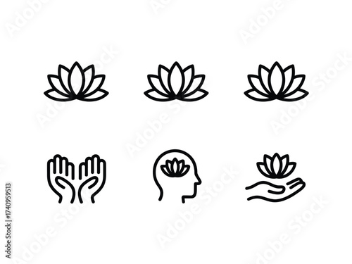 Minimalist line art vector icons set lotus flower meditation yoga zen spiritual wellness silhouette vector illustration white background