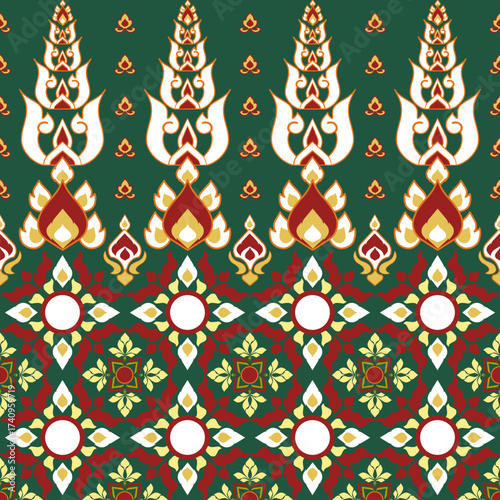 Thai Folk art design pattern Classic Damask Seamless Vector Illustration Elegant Vintage Floral carpet Luxury cloth Home Decoration green red yellow orange Fabric print