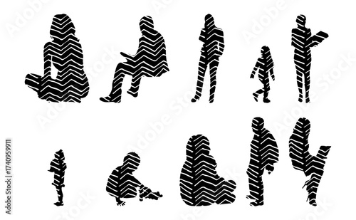 Vector illustration, Outline silhouettes of people, Contour drawing, people silhouette, Icon Set Isolated , Silhouette of sitting people, Architectural set