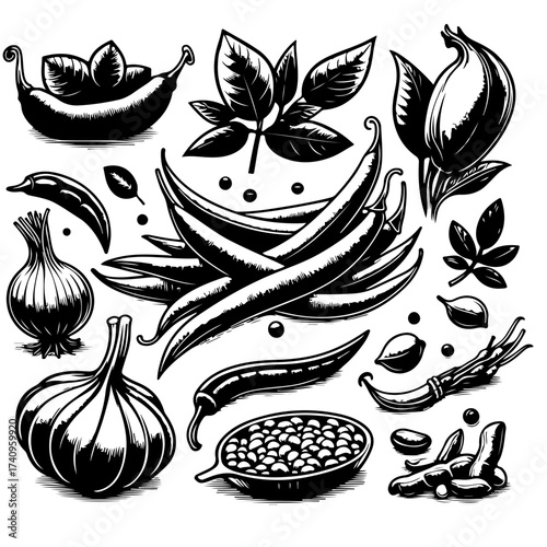 Illustration of various spices and herbs including peppers, garlic, onion, and basil in black and white
