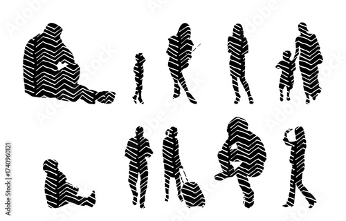 Vector illustration, Outline silhouettes of people, Contour drawing, people silhouette, Icon Set Isolated , Silhouette of sitting people, Architectural set
