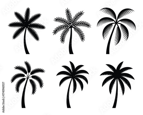 Vector eps illustration set of six distinct black palm tree silhouettes scalable for graphic design projects silhouette vector illustration white background