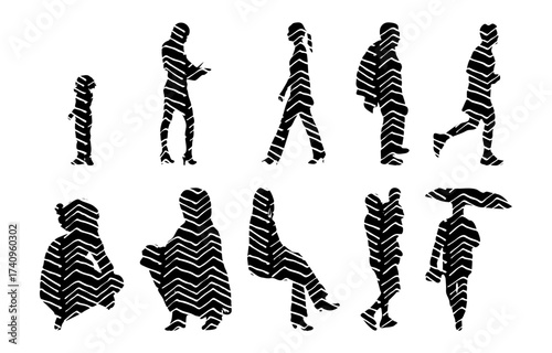 Vector illustration, Outline silhouettes of people, Contour drawing, people silhouette, Icon Set Isolated , Silhouette of sitting people, Architectural set