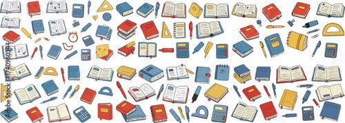 A vibrant collection of colorful school supplies, including books, pens, and calculators, on a white background.