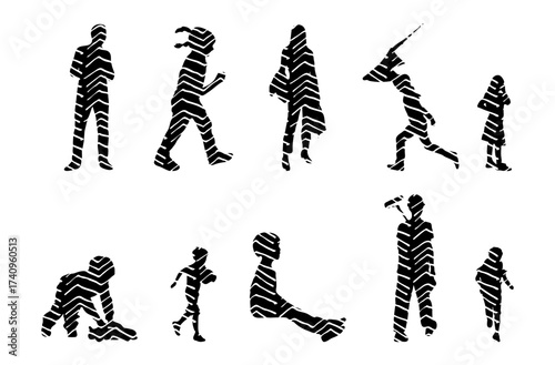 Vector illustration, Outline silhouettes of people, Contour drawing, people silhouette, Icon Set Isolated , Silhouette of sitting people, Architectural set