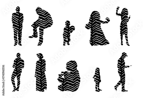 Vector illustration, Outline silhouettes of people, Contour drawing, people silhouette, Icon Set Isolated , Silhouette of sitting people, Architectural set